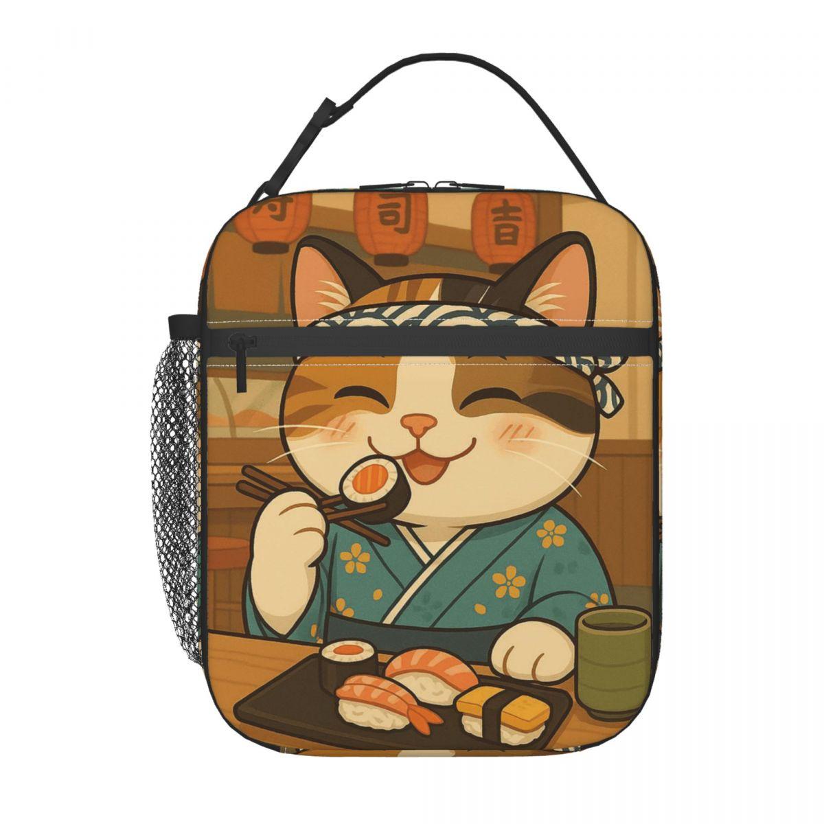 

A Cat In A Kimono Eating Sushi Insulated Lunch Bag for Women Office Cooler Thermal Food Box Tote Portable Lunch Boxes Container One Size
