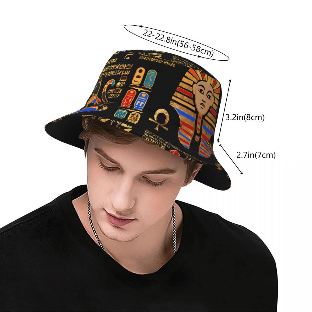 Egyptiska hieroglyfer och gudar på svart hinkhatt för sommarsemester Egypten Hängande hatt Bob Fiskarehatt Ispoti Keps