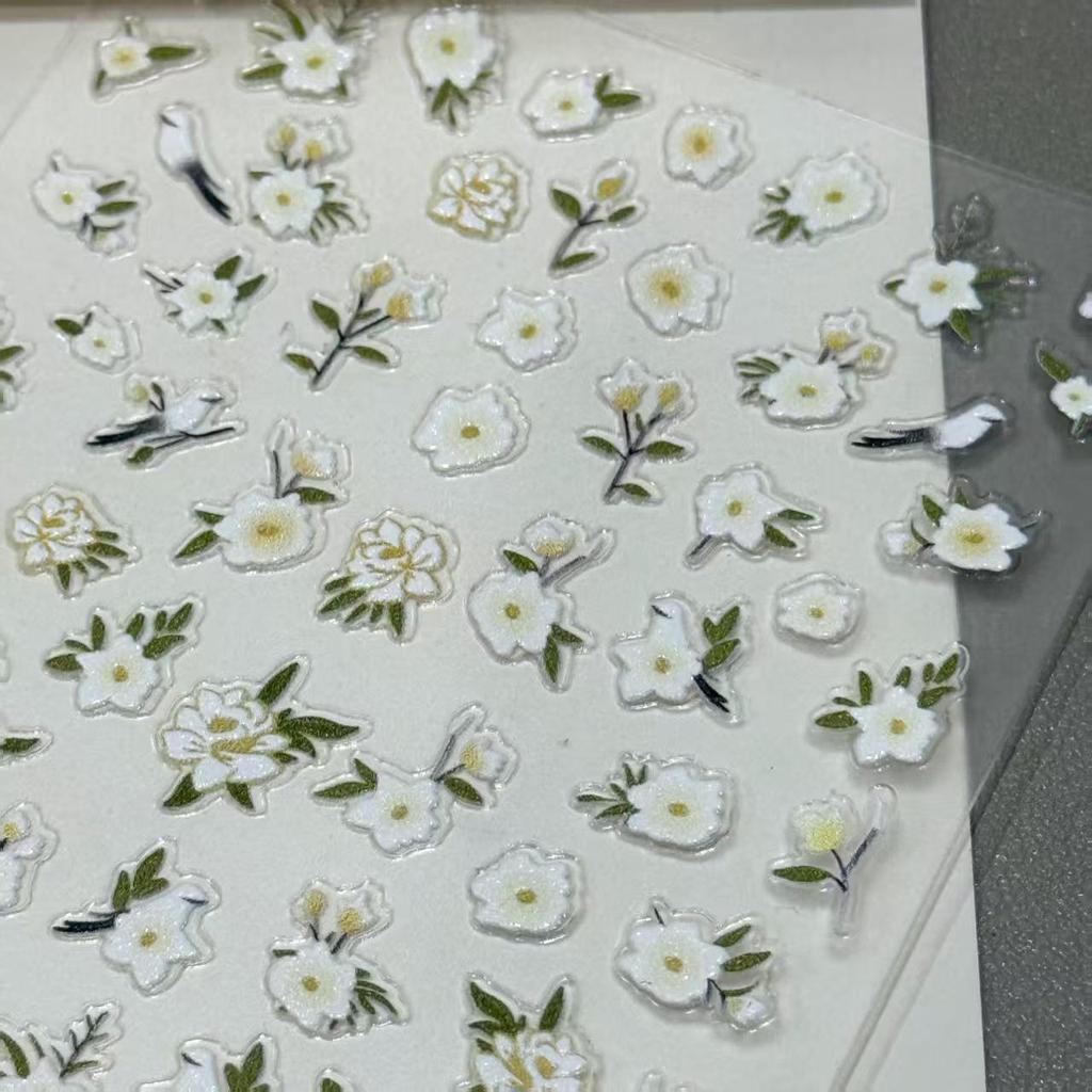 Elegante 3D-Kamelien- und Vogel-Nagelkunst-Sticker - Chinesisches florales Design