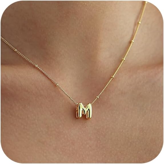 Bubble Letter Necklace Gold, Dainty Initial Necklaces for Women 14K Gold Plated Small A to Z Name Necklace Personalized Simple Initial Pendant Cute
