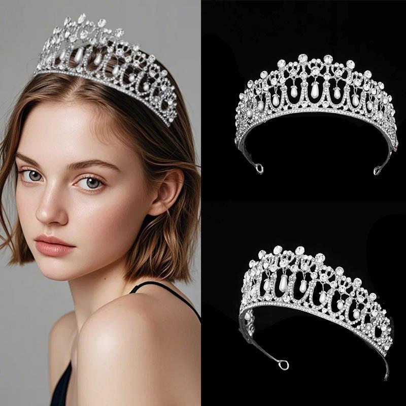 European Style Wedding Princess Crown Baroque Queen Same Style Large Crown Water Drop Pearl Inlaid Diamond Bridal Crown Tiara