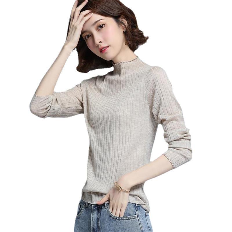 Damski cienki wełniany sweter - Wiosna/Jesień 2022, dzianinowy top z długim rękawem i półwysokim kołnierzem