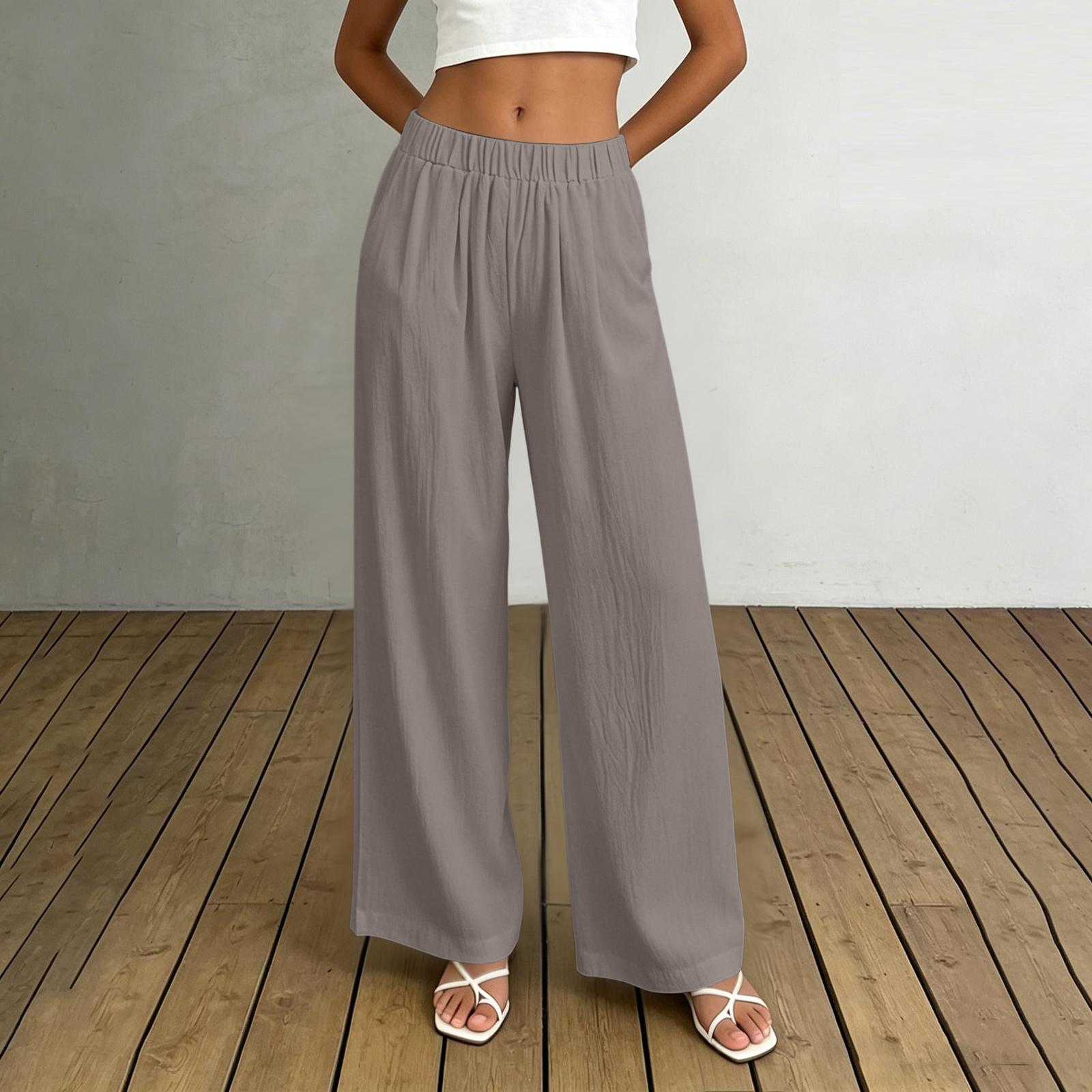 

Women’s High Waist Wide Leg Pants Elastic Waistband Loose Fit Trousers Lightweight Flowing Fabric with Pockets for Casual Wear XL