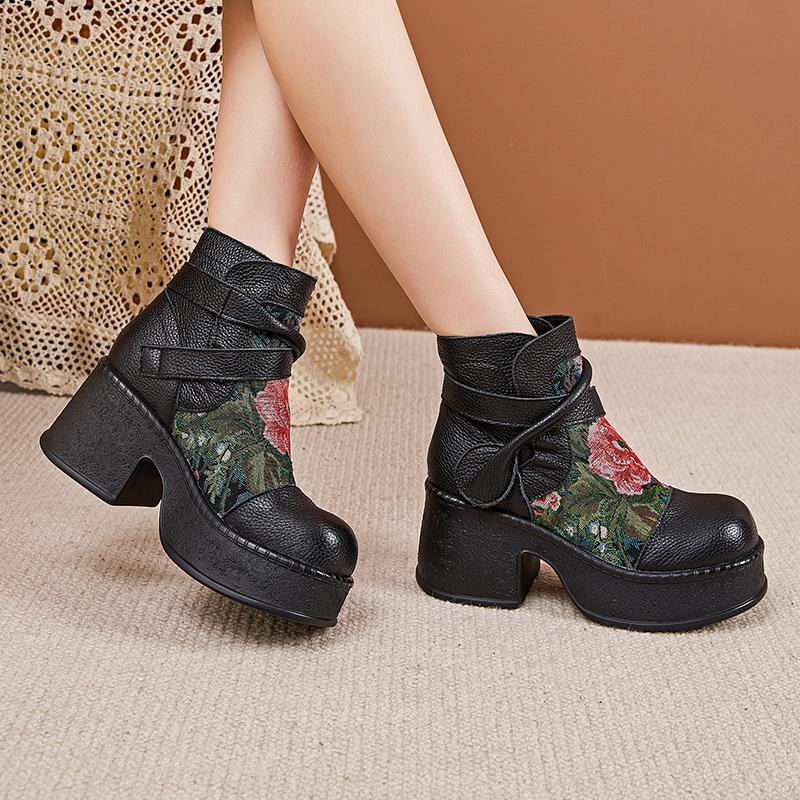 GKTINOO Women Motorcycle Boots Genuine Leather 2025 New Zip Round Toe Women Shoes Flowers Handmade Retro Ankle Platform Boots