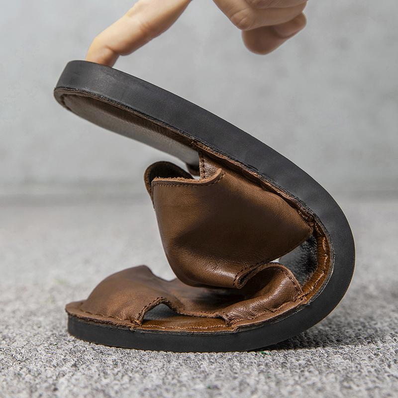 Men Slippers Handmade Simple Flats Brown Leather Sandals Black Summer Roman Sandals Closed Toe Beach Shoes Plus Size