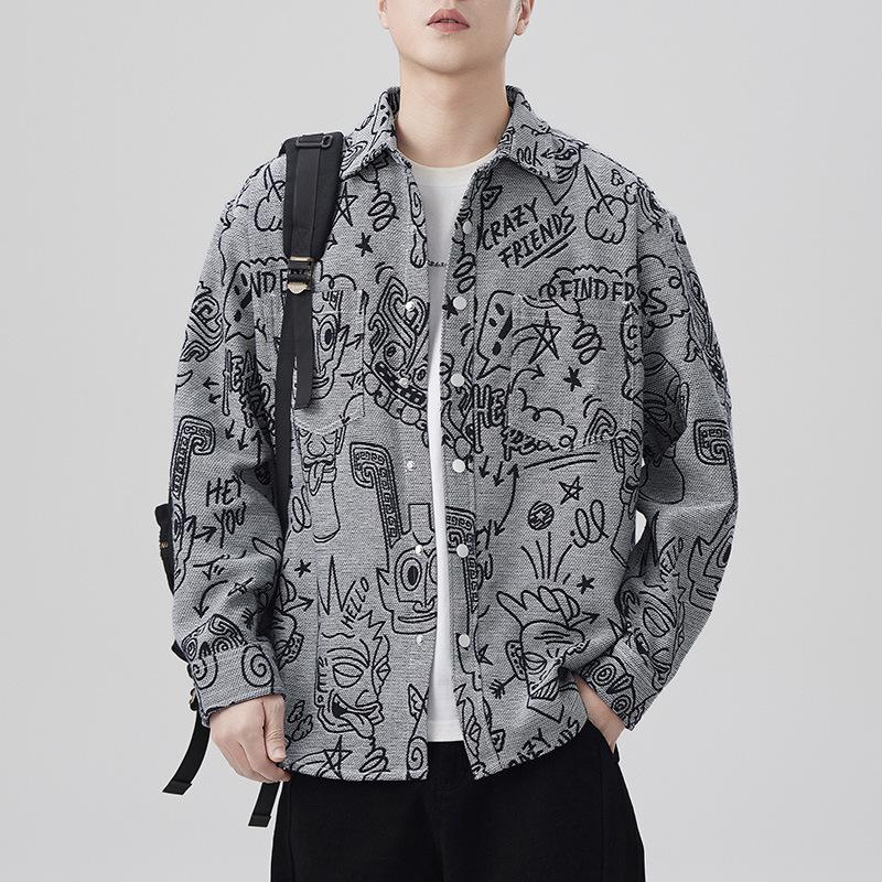 

Новая весенняя японская ретро мужская свободная рубашка цветная вязаная жаккардовая повседневная американская рубашка 4XL