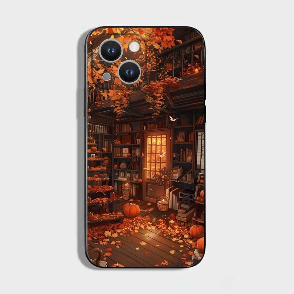 Autumn Leaves Pumpkin Phone Case For iPhone 16,15,14,13,12,11 Plus,Pro Max,XS,X,XR,SE,Mini,8,7,Soft Silicone Black Cover