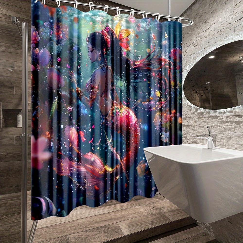 Fairy Mermaid Print Waterproof Shower Curtain for Bathroom, Magical Ocean Life Design High-End Toilet Partition Curtain