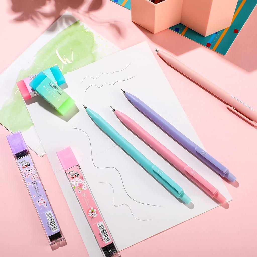 Yexiya 36 Pcs Mechanical Pencil Set, 12 Pastel Cute Mechanical Pencils with 8 Tubes HB Resin Refills, 4 Pcs Erasers and 12 Cap Eraser Refills for