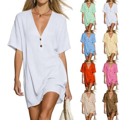 Women's Fashionable Loose-fitting Short-sleeved V-neck Cotton And Linen Summer Dress
