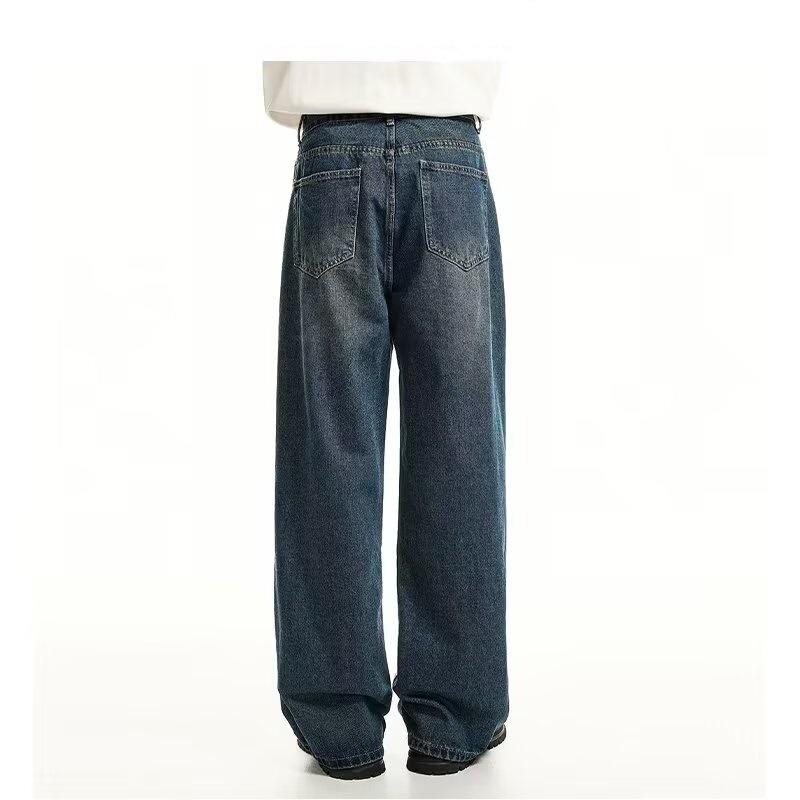 American retro jeans men's straight loose wide legs washed old high street pants trendy versatile casual trousers