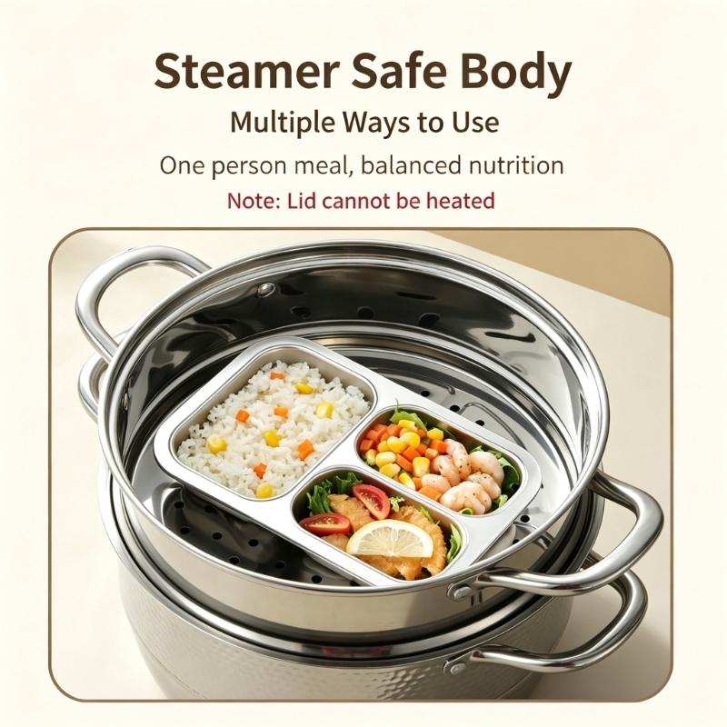 Clear Lid Lunch Box with 316L Steel Tray, 3 Section Food Container, 0.8 Liter Capacity for Daily Lunch Use by Adults