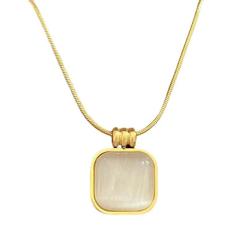 Square Opal Minimalist Furnace Real Gold Necklace Female Collarbone Chain Accessories