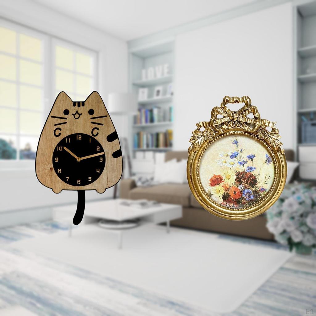 Antique Cat Wall Clock Vintage Picture Frame Cute Silent Ornate European Hanging Decoration for