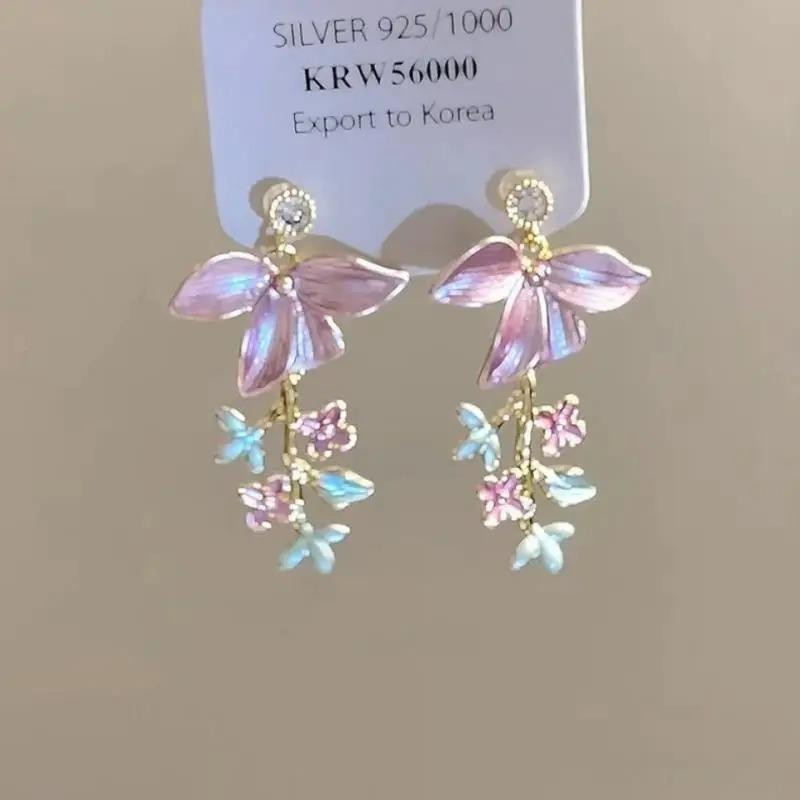 2 Pcs Cute Exquisite Shiny Crystal Butterfly Fashion Sweet Zirconia Alloy Pink Silver Color Long Tassel Earrings Wedding