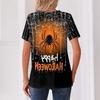 Womens Casual Halloween V Neck Short Sleeve Button T Shirt Spider Web Print Lightweight Top for Fall Seasonal Wear