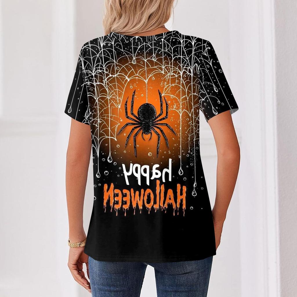 Womens Casual Halloween V Neck Short Sleeve Button T Shirt Spider Web Print Lightweight Top for Fall Seasonal Wear