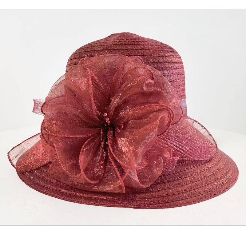 New hat women's summer straw visor sunscreen big edge organza flower straw hat beach hat