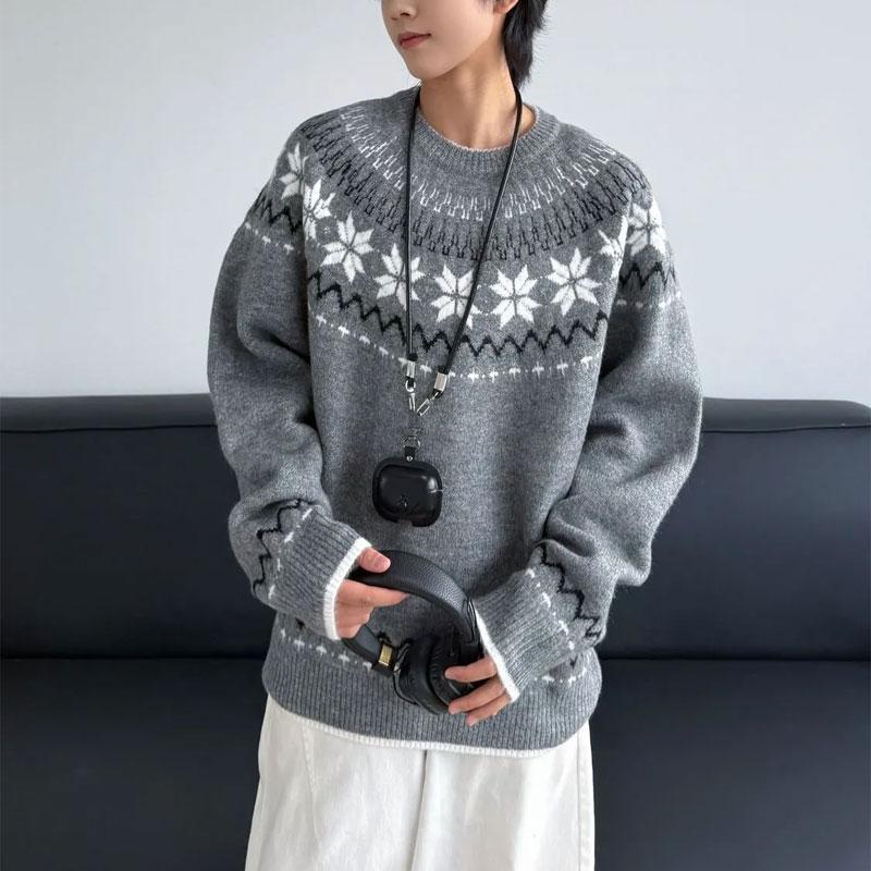 

Свитера в японском стиле с жаккардовым узором Fair Isle Осень Зима Винтажные с круглым вырезом Мужская одежда Шикарные комбинированные свободные вязаные пуловеры L серый