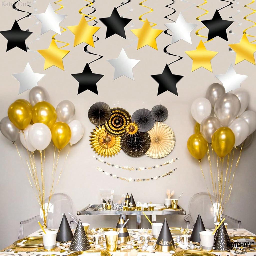 36 Pack Black Golden and Silvery Star Hanging Swirls-, No DIY | Black and Gold Party Decorations | New Years Decorations 2026 | Happy New Year 2026