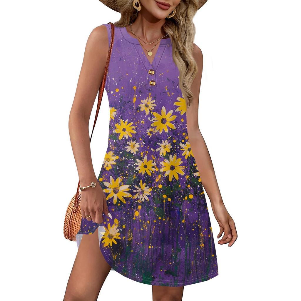 Ladies' Fashionable Floral Patchwork Printed V-neck Button-down Pocket Vest Dress, Beach Vacation Summer Dress