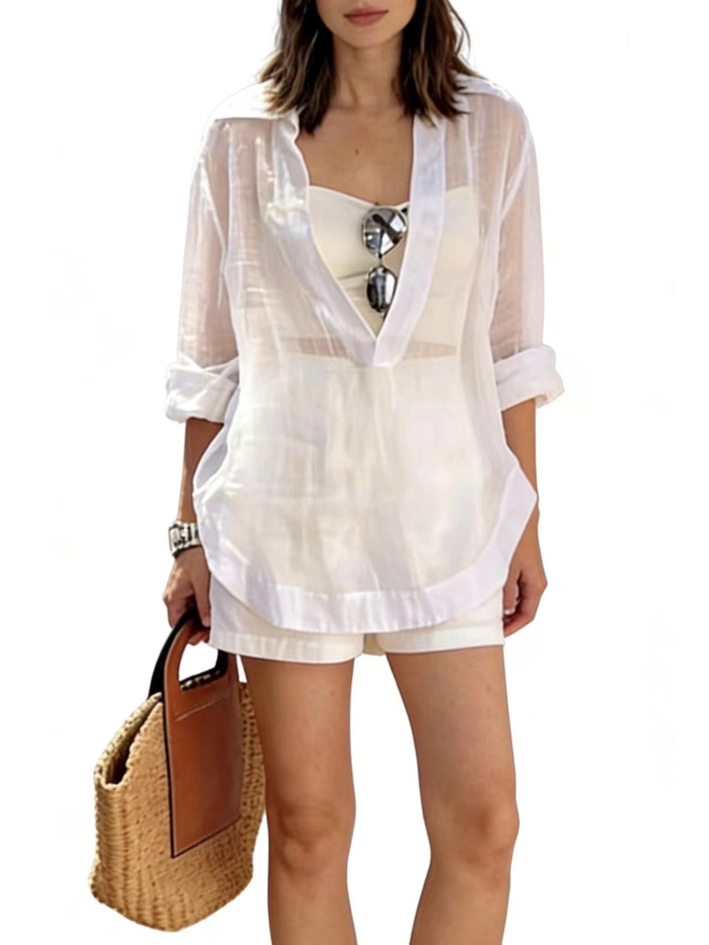 Women s European & American V-Neck Short Set - Spring/Summer Casual Style S белый
