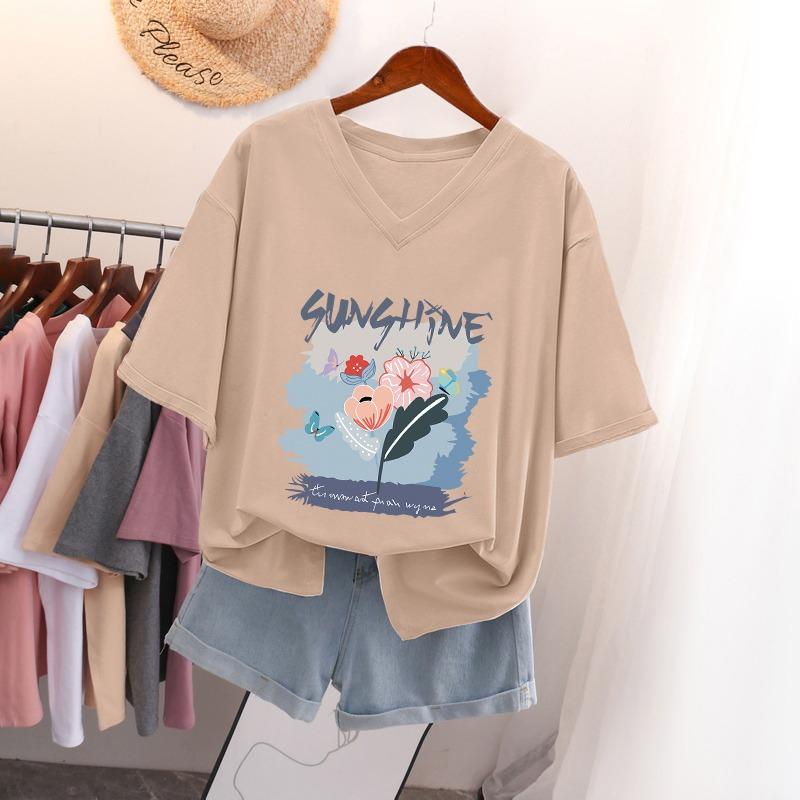 

Футболка с коротким рукавом, Свободного кроя, Приталенный топ с V-образным вырезом с принтом для женщин 5XL абрикосовый