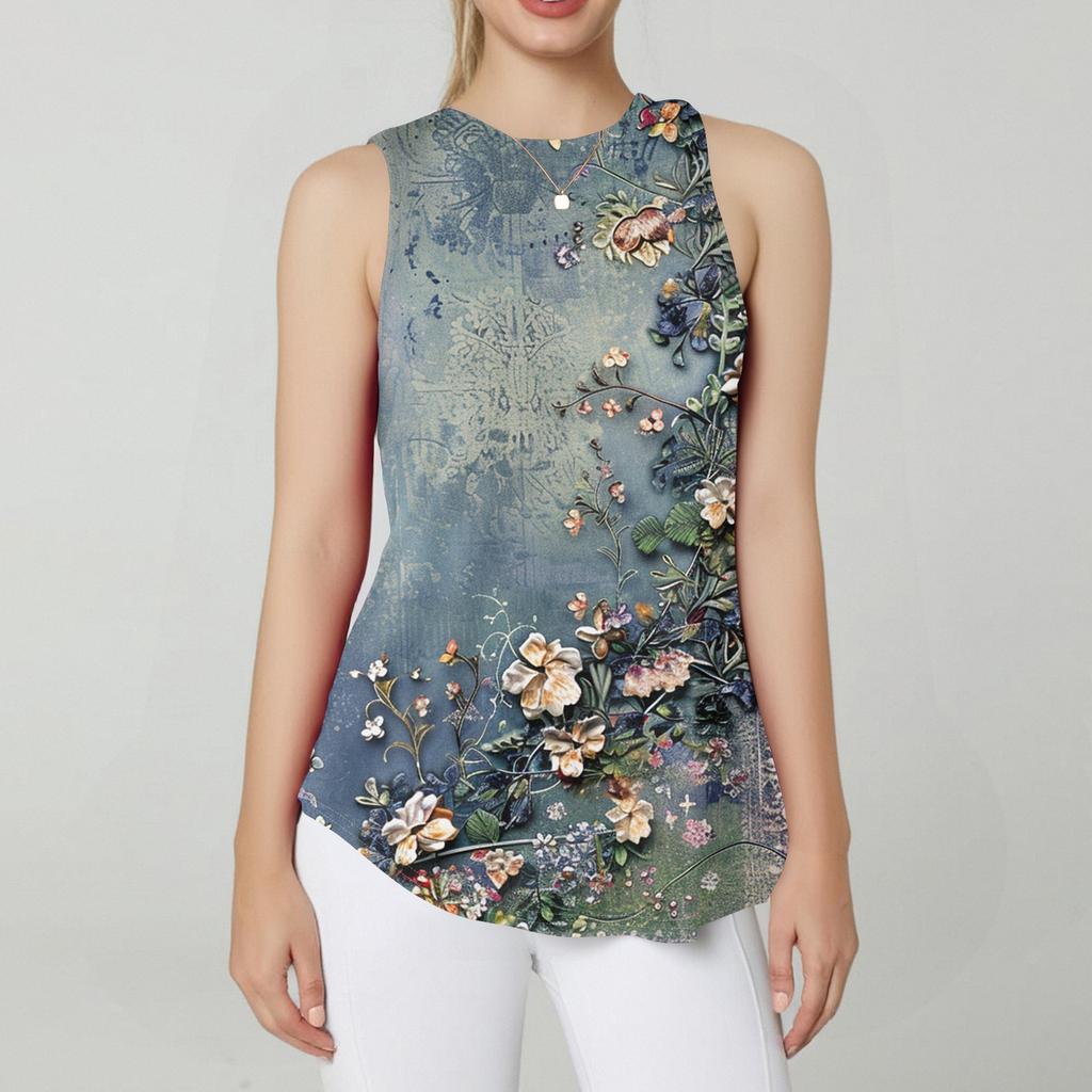 Women's Fashion Casual Sleeveless Vest Vintage Print -neck Sleeveless Top
