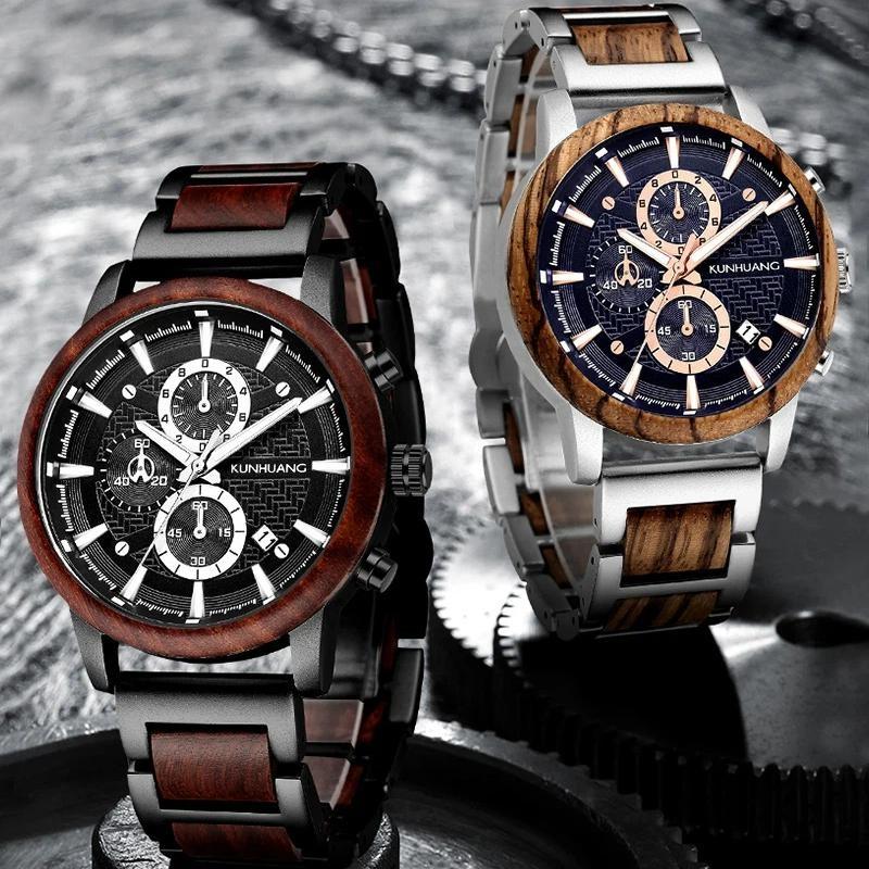 Wood Watches Luxury Luminous Multi-function Wooden Men's Chronograph Quartz Retro Watch Fashion Sport Timepieces