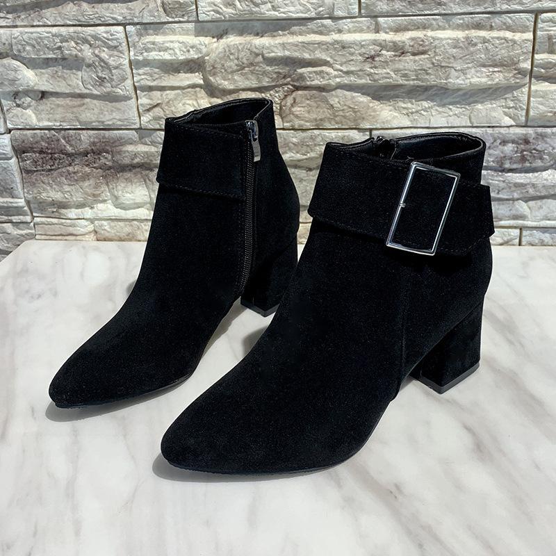 Autumn and Winter New High-heeled Thick-heeled Belt Buckle Pointed Large-size Short Boots Women's Suede Martin Boots Women's Shoes