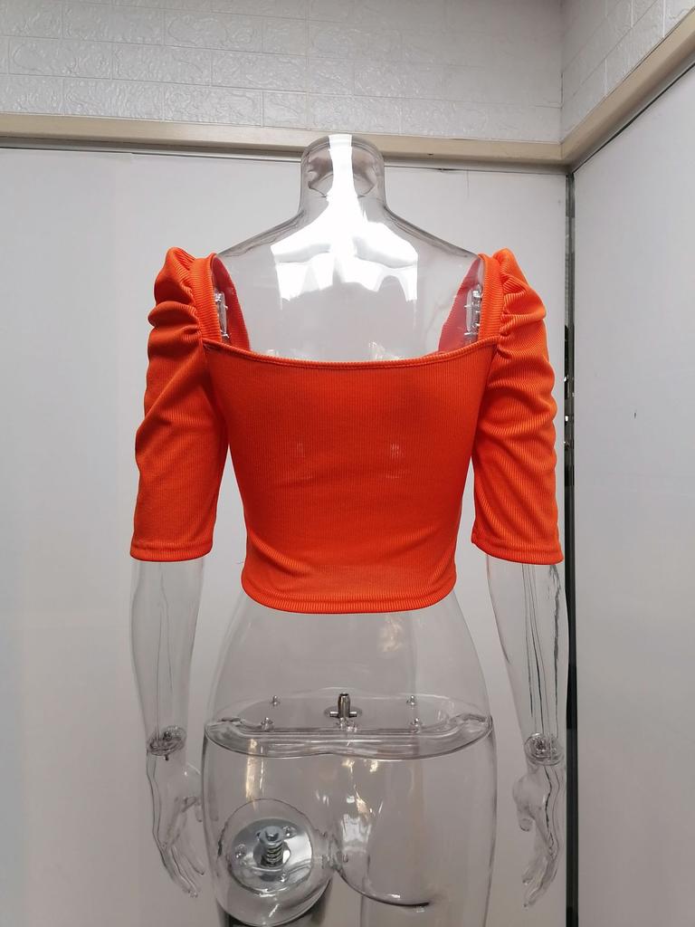 Women's Spring New Women's Simple Square Neck Puff Sleeve Top Women's Short Sleeve