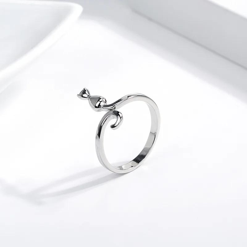 S Silver Cute Cat Rings for Women Sticky Cat with Long Tail Adjustable Ring Elegant Simple Handmade Animals Jewelry