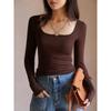Shirt Square Neck Ribbed Fabric Autumn Bottom Shirt Black Low Neck Women's Shirt Striped Splicing