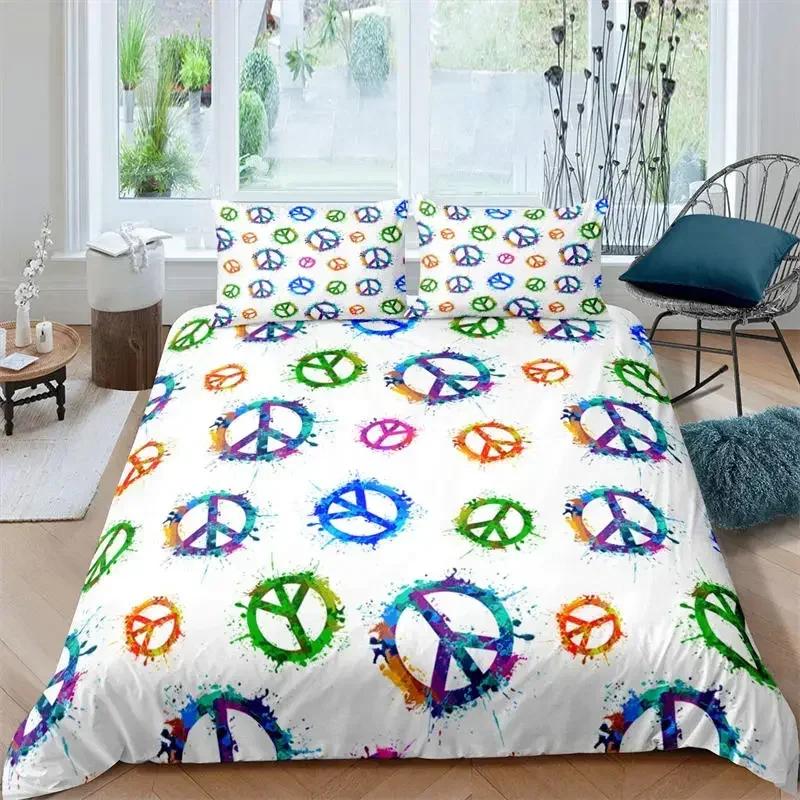 3D Hippie Peace Symbol Colorful Pattern Chic Exotic Flower Comfortable Duvet Cover Pillowcase Bedding Set Children Home Textile