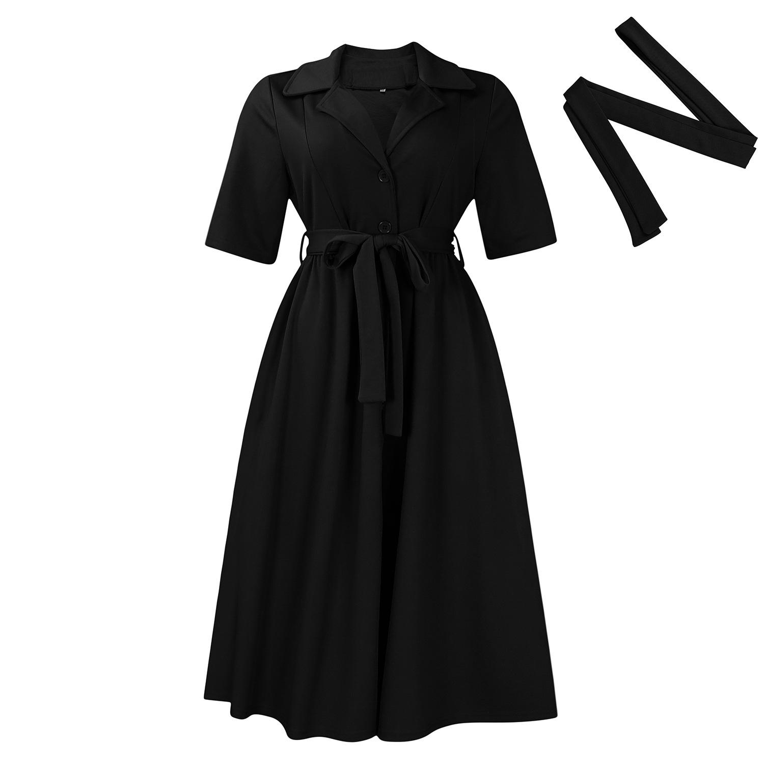 

Women s Plus Size Summer Suit Collar Tie Waist Midi Dress, Short Sleeve Slim Fit A-Line Solid Color Sexy Elegant Office Party Dress with Pockets XXXL чорний
