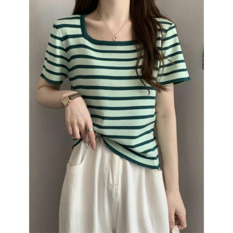 

Женская летняя футболка с коротким рукавом, квадратным вырезом, цветными полосками и простым полосатым верхом 2XL