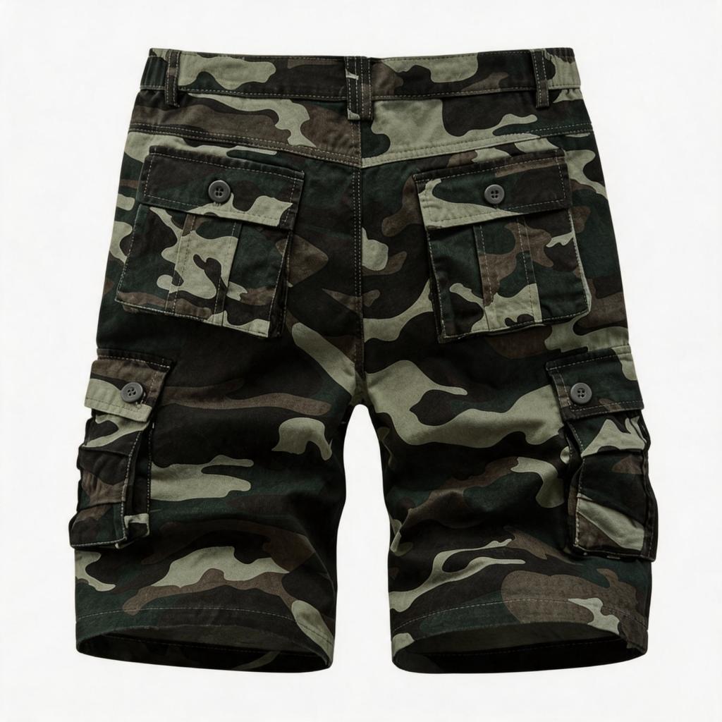 Men's Multi Pocket Camouflage Cargo Shorts Outdoor Sports Hiking Knee Length Work Shorts with Elastic Waistband and Button Closure