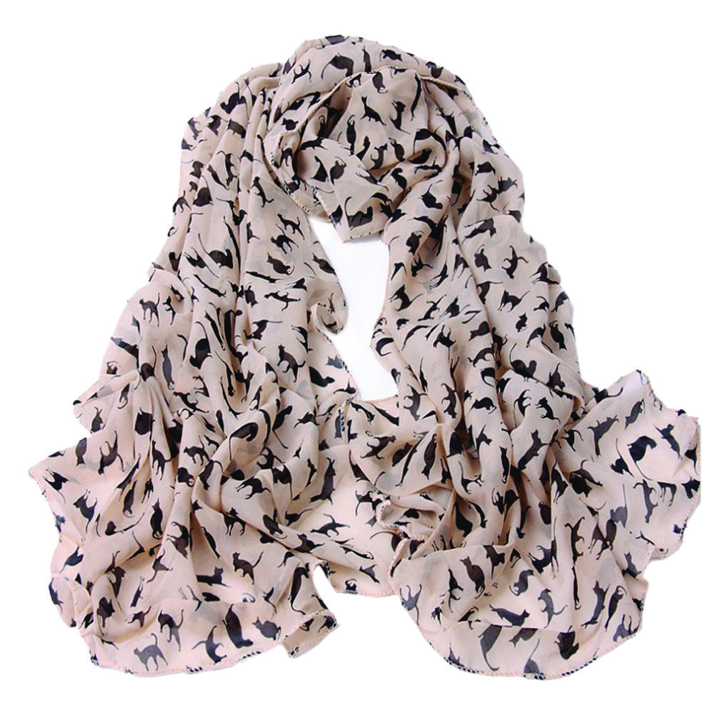 Women Thin Chiffon Cute Kitten Long Scarf Air-conditioned Shawl in Spring Summer