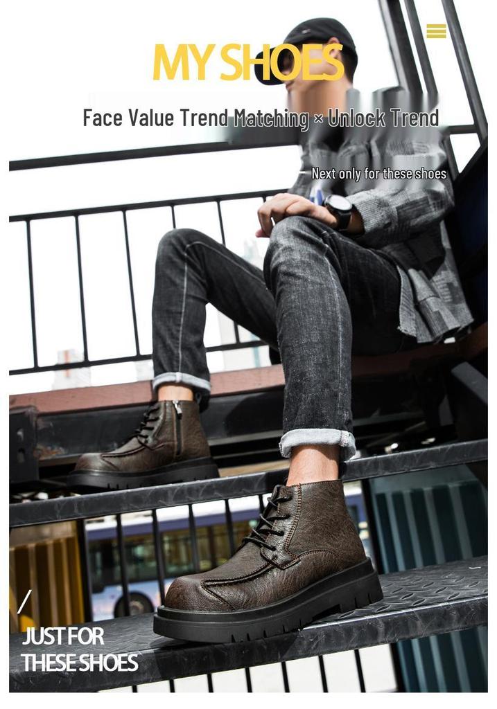 Men's Cowhide Lace-up Martin Boots - Winter Thick Sole, Outdoor Casual, Height-increasing Mid-top Work Shoes