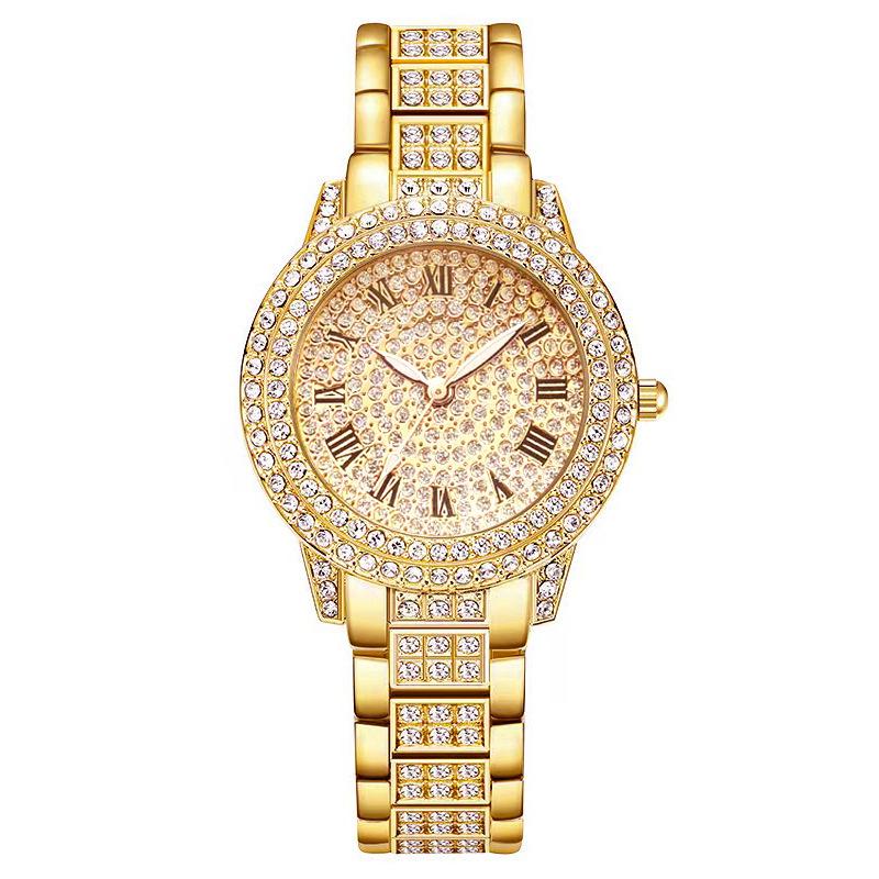 1 Stück Elektronische Uhr Damen Nischengefühl Diamantenbesetzte Quarzuhr Student Roségold Römisches Muster Voll Diamant Damenuhr