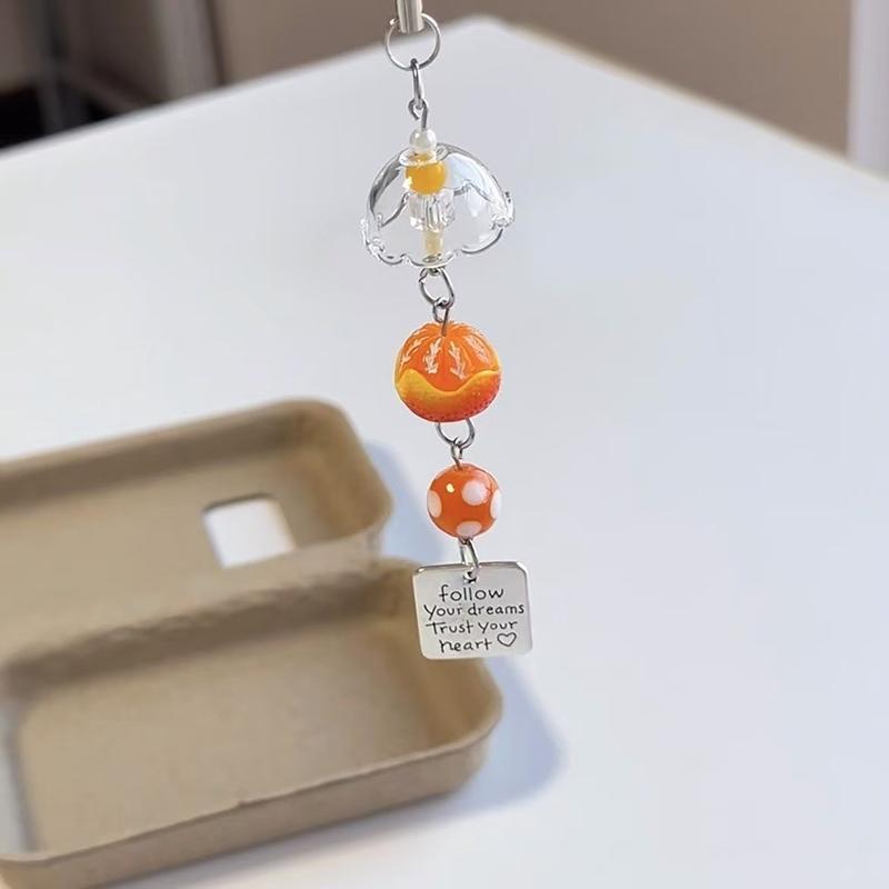 Y2K Orange Key Chain Wind Chimes Star Beaded Keyring For Phone Camera Earphone Case Charm Pendant Keycord