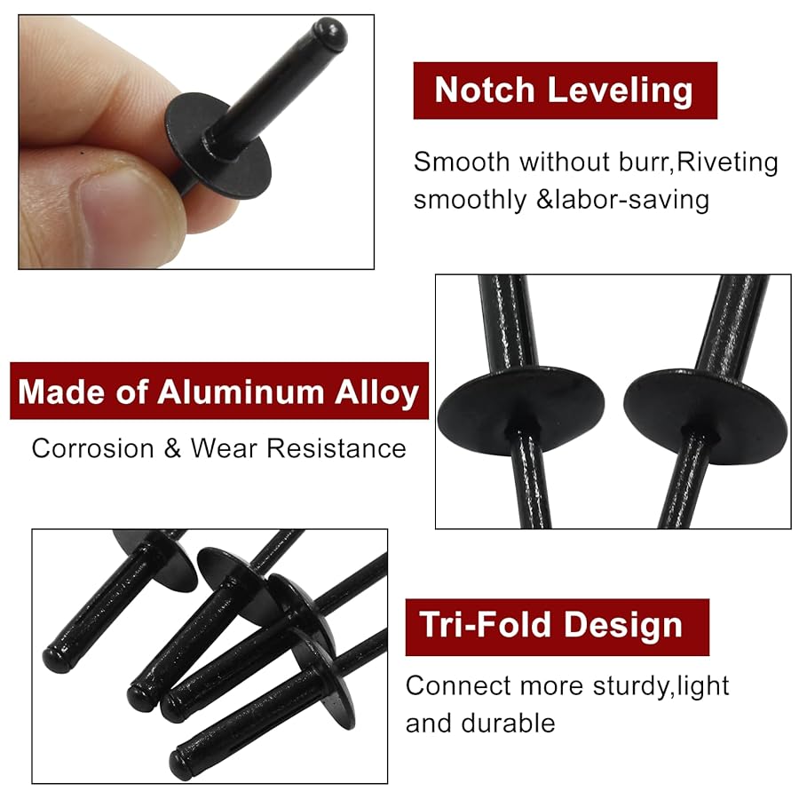 50Pcs Full Black Painted Aluminum Tri-Fold Exploding Pop Rivets Large Flange Blub Blind Rivet Car Interior Air Conditioner