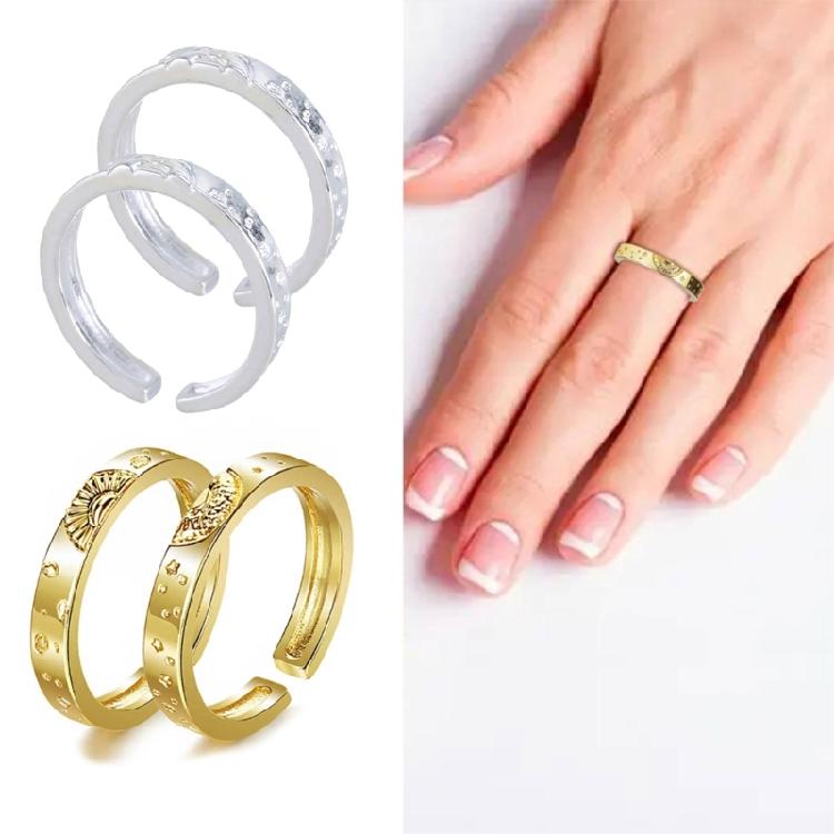2Pcs Corrosion Pattern Open Rings Stackable Sun Moon Rings Set Women Ornaments