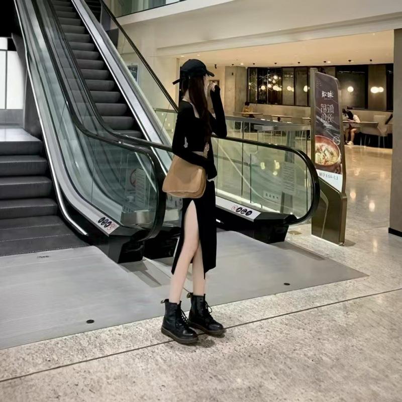 Spring Women's Year's New Waist Split Hip Wrap Long Dress Black Square Neck Dress Autumn and Winter