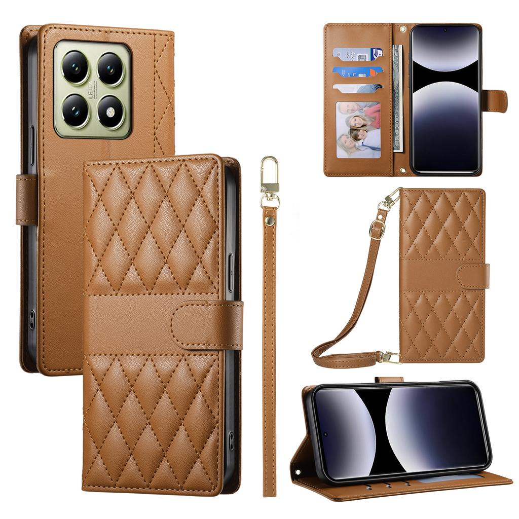 For Xiaomi 14T Case Rhombus Stitching Wallet Stand Leather Phone Cover with Long/Short Strap