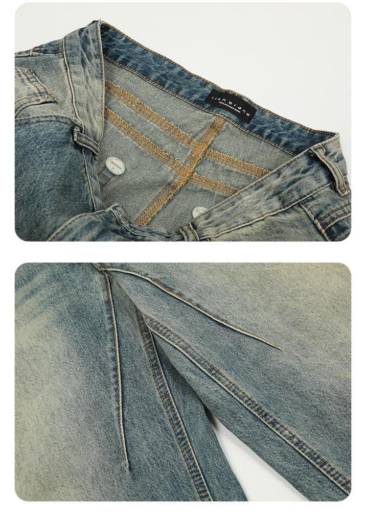 11KN Unisex Retro Blue Wide-Leg Distressed Jeans - Curved Blade Silhouette, Slimming, Loose Fit, Washed Casual Long Pants