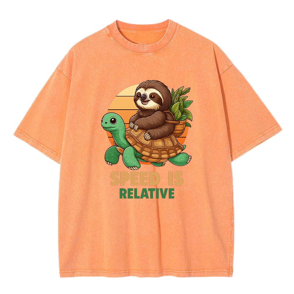 Speed Is Relative Turtle And Sloth Printed Men Washed T Shirt Summer Cotton T-Shirt Loose O-Neck Clothes Soft Hip Hop Streetwear S