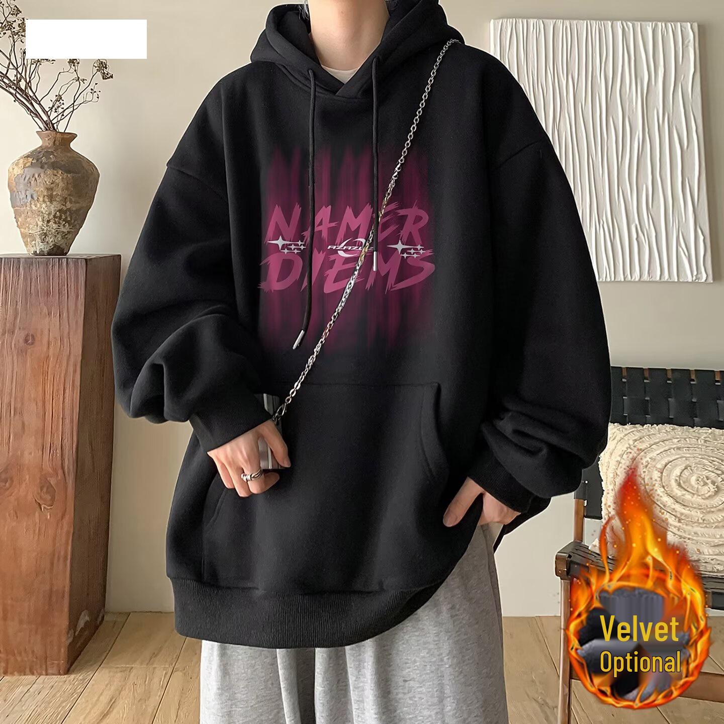 

Heavyweight Trendy Brand Men s Hooded Sweatshirt, 2025 Autumn/Winter, New Arrival, Plus Velvet, Thickened, Youth, Loose Casual Jacket. XL чорний