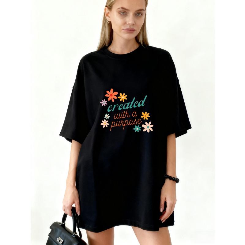 Oversized T Shirt Black Created With A Purpose Floral Print And Text Casual Wear For Women
