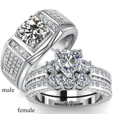 Luxury Couple Rings Women's Heart White Crystal Rhinestones Rings Set Men's CZ Stainless Steel Ring Wedding Engagement Jewelry